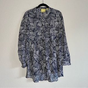 Maeve Anthropologie White & Navy Oversized Button Front Tunic Blouse Sz L